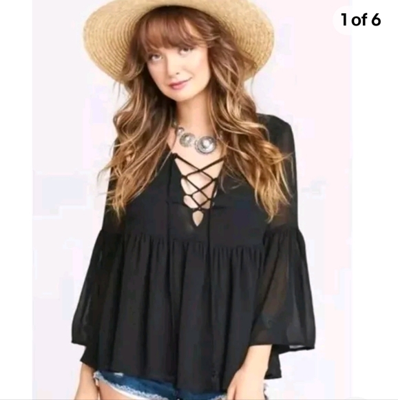 Show Me Your Mumu poet Tie Sheer Chiffon Top with Flare Sleeves & Ruffle hem - Picture 1 of 3